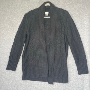 Cable Knit Open Cardigan Sweater ALPS Women L Gray Wool Blend